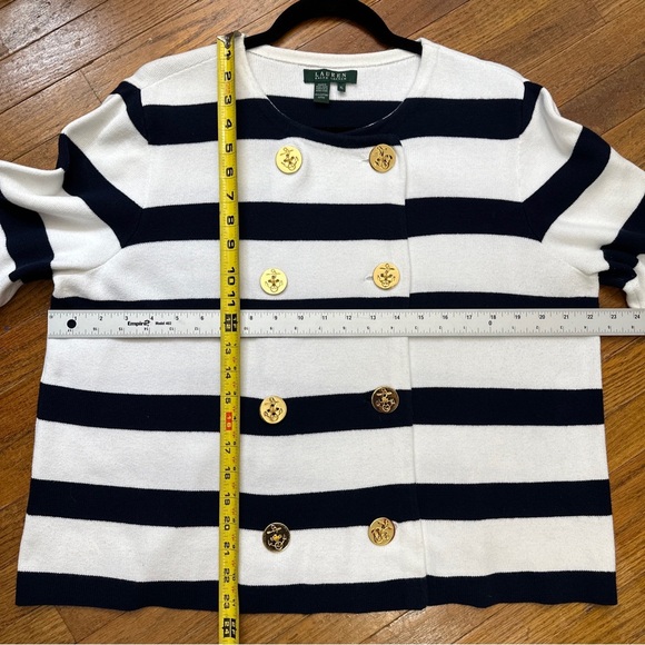 Lauren Ralph Lauren Cardigan Sz XL Blue White Double Breasted Gold Metal Buttons - Picture 2 of 9